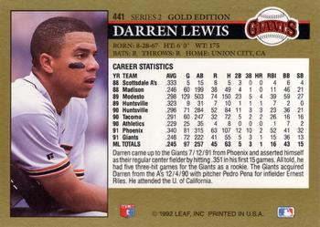 1992 Leaf - Black Gold #441 Darren Lewis Back