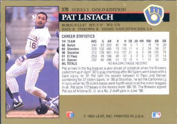 1992 Leaf - Black Gold #370 Pat Listach Back