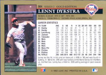 1992 Leaf - Black Gold #504 Lenny Dykstra Back