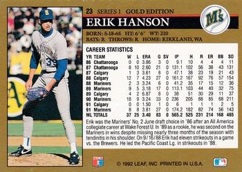 1992 Leaf - Black Gold #23 Erik Hanson Back