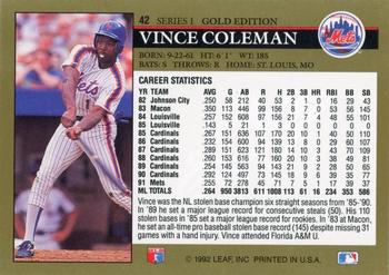 1992 Leaf - Black Gold #42 Vince Coleman Back