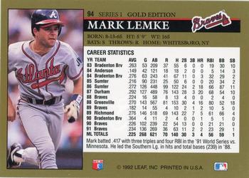 1992 Leaf - Black Gold #94 Mark Lemke Back