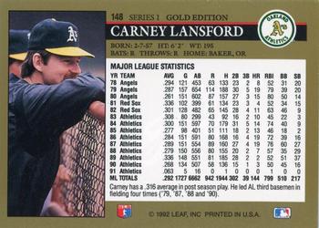 1992 Leaf - Black Gold #148 Carney Lansford Back