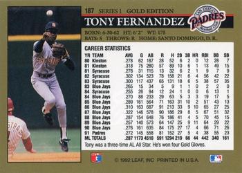 1992 Leaf - Black Gold #187 Tony Fernandez Back