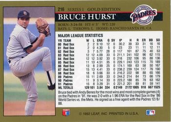 1992 Leaf - Black Gold #216 Bruce Hurst Back