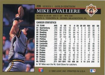 1992 Leaf - Black Gold #228 Mike LaValliere Back