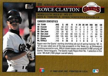 1992 Leaf - Black Gold #272 Royce Clayton Back