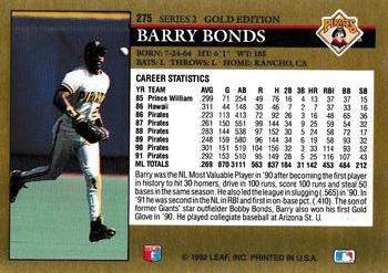 1992 Leaf - Black Gold #275 Barry Bonds Back