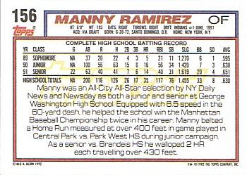 1992 Topps - Gold #156 Manny Ramirez Back
