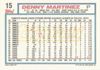 1992 Topps - Gold #15 Denny Martinez Back