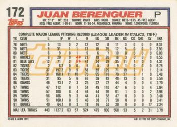 1992 Topps - Gold #172 Juan Berenguer Back
