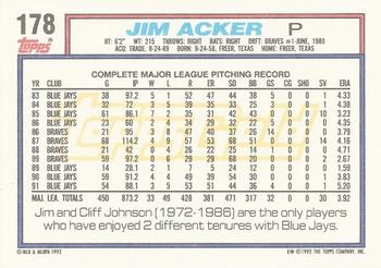 1992 Topps - Gold #178 Jim Acker Back