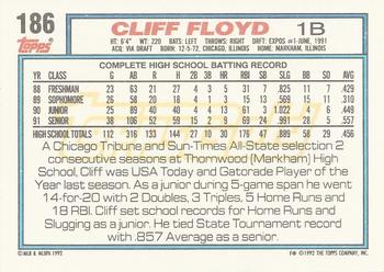 1992 Topps - Gold #186 Cliff Floyd Back