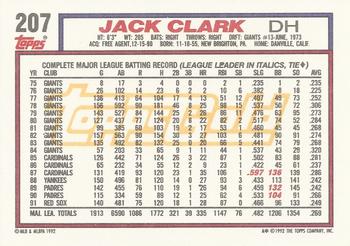 1992 Topps - Gold #207 Jack Clark Back