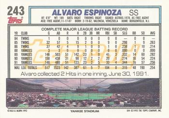 1992 Topps - Gold #243 Alvaro Espinoza Back