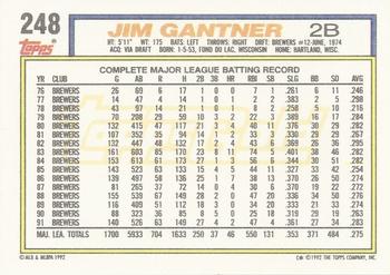 1992 Topps - Gold #248 Jim Gantner Back