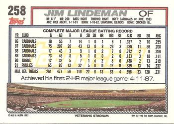 1992 Topps - Gold #258 Jim Lindeman Back