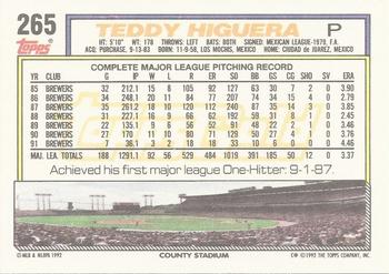 1992 Topps - Gold #265 Teddy Higuera Back