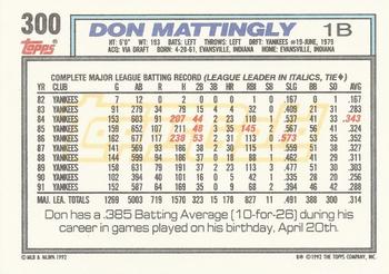 1992 Topps - Gold #300 Don Mattingly Back
