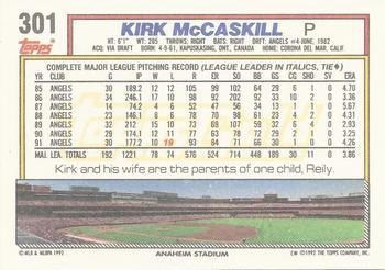 1992 Topps - Gold #301 Kirk McCaskill Back