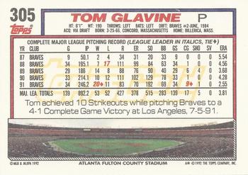 1992 Topps - Gold #305 Tom Glavine Back