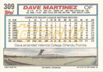 1992 Topps - Gold #309 Dave Martinez Back