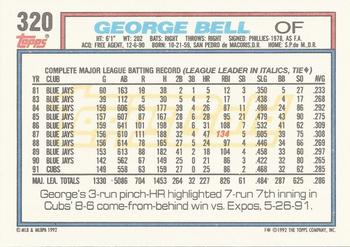 1992 Topps - Gold #320 George Bell Back