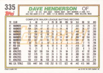 1992 Topps - Gold #335 Dave Henderson Back