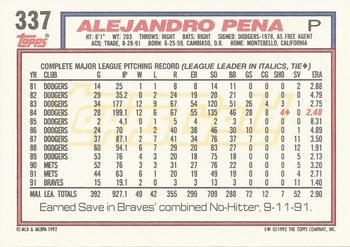 1992 Topps - Gold #337 Alejandro Pena Back