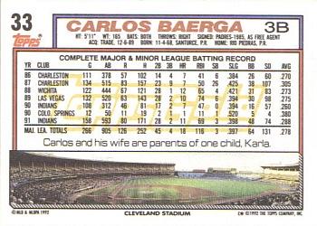 1992 Topps - Gold #33 Carlos Baerga Back