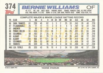 1992 Topps - Gold #374 Bernie Williams Back