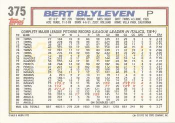 1992 Topps - Gold #375 Bert Blyleven Back