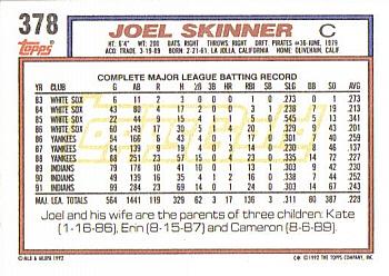 1992 Topps - Gold #378 Joel Skinner Back