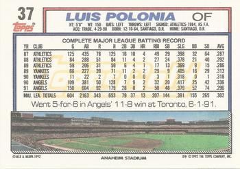 1992 Topps - Gold #37 Luis Polonia Back
