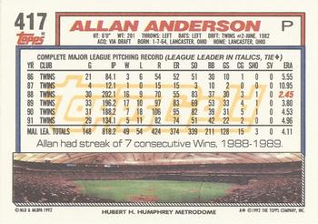 1992 Topps - Gold #417 Allan Anderson Back