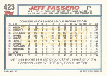 1992 Topps - Gold #423 Jeff Fassero Back