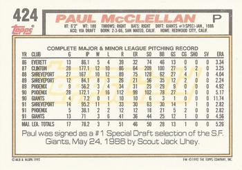 1992 Topps - Gold #424 Paul McClellan Back