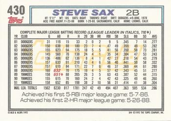 1992 Topps - Gold #430 Steve Sax Back