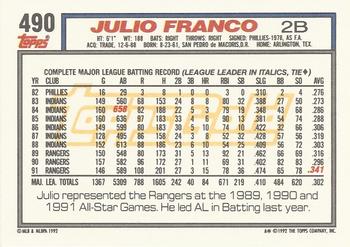 1992 Topps - Gold #490 Julio Franco Back
