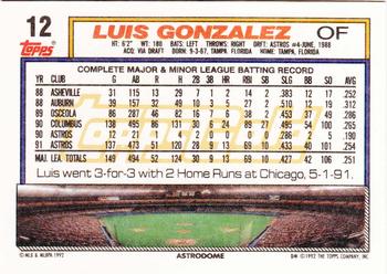 1992 Topps - Gold #12 Luis Gonzalez Back