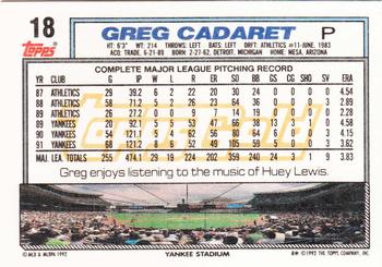 1992 Topps - Gold #18 Greg Cadaret Back