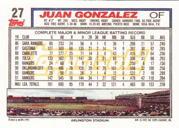 1992 Topps - Gold #27 Juan Gonzalez Back