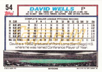 1992 Topps - Gold #54 David Wells Back