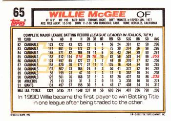 1992 Topps - Gold #65 Willie McGee Back