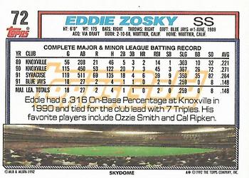 1992 Topps - Gold #72 Eddie Zosky Back