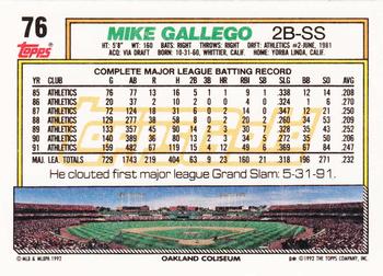 1992 Topps - Gold #76 Mike Gallego Back
