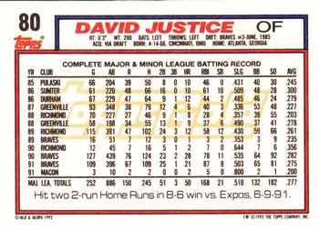 1992 Topps - Gold #80 David Justice Back