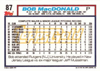 1992 Topps - Gold #87 Bob MacDonald Back
