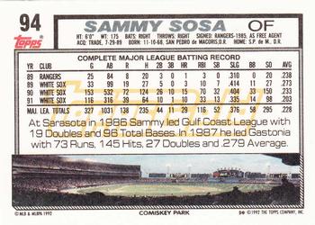 1992 Topps - Gold #94 Sammy Sosa Back