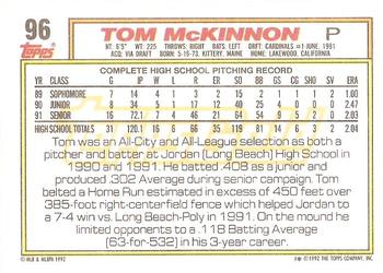 1992 Topps - Gold #96 Tom McKinnon Back